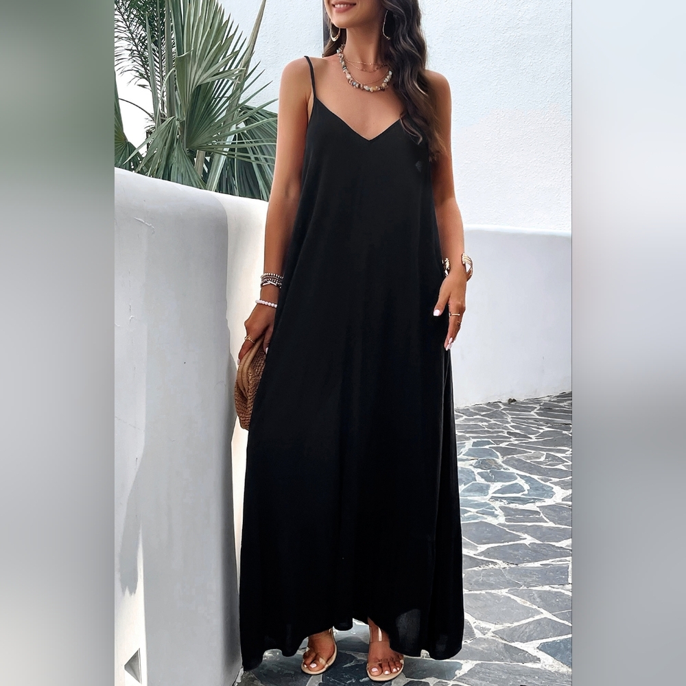 Oversized Pocket Casual Sleeveless V-Neck Low Back Long Summer Maxi Dress - Picture 7 of 16